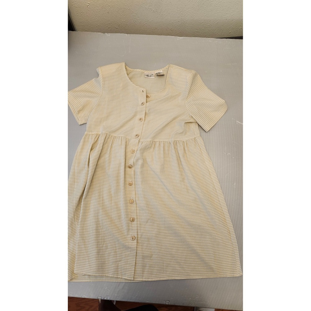 Kathi‎ Lee Gingham Dress Sz 14 Plus Short Sleeve Button Front Cottagecore Yellow